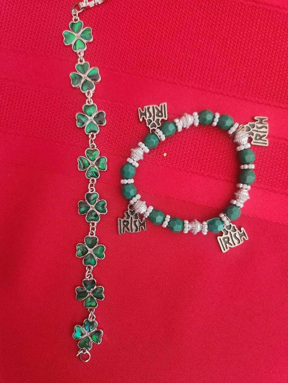 Green Shamrock Charm Bracelet and Beaded Irish Stretch Bracelet Set
